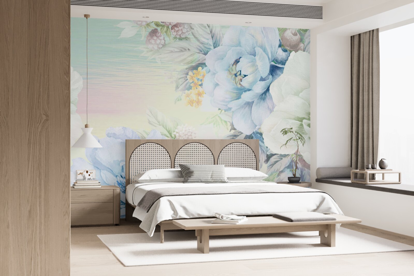 Fotobehang bloemen in witte en blauwe tinten