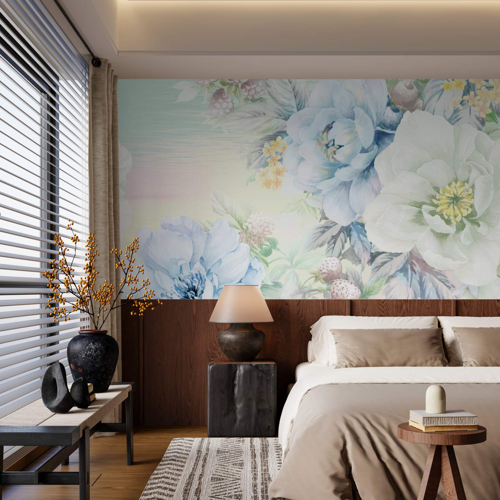 Fotobehang bloemen in witte en blauwe tinten