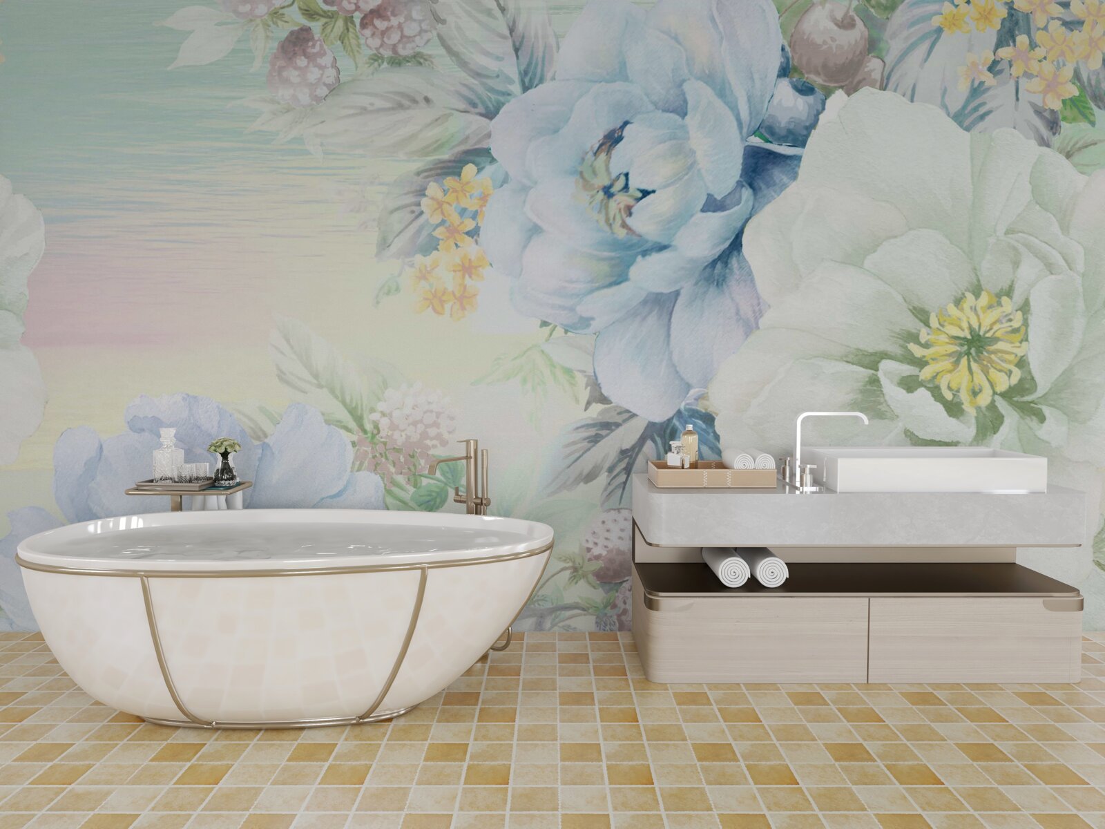 Fotobehang bloemen in witte en blauwe tinten