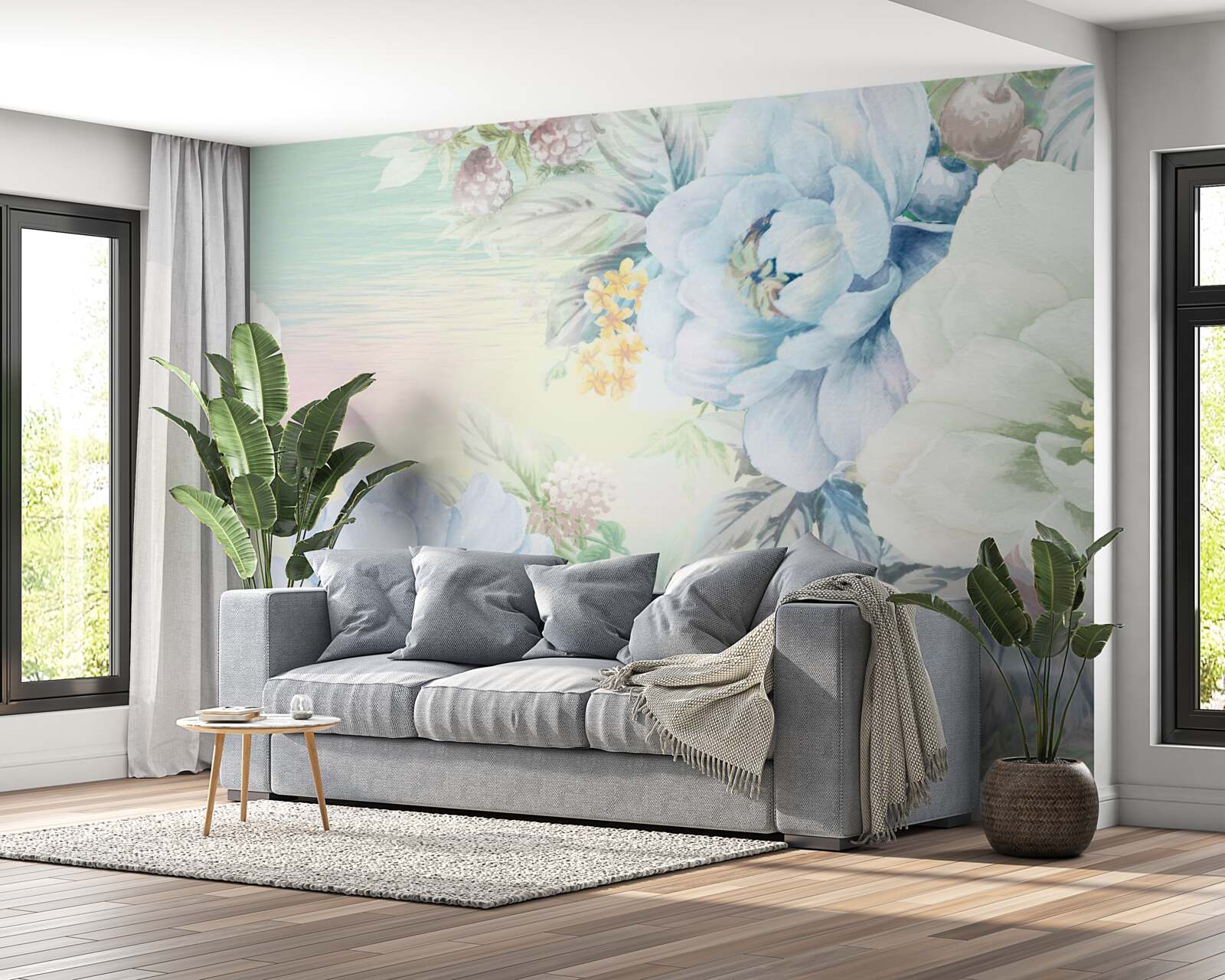 Fotobehang bloemen in witte en blauwe tinten