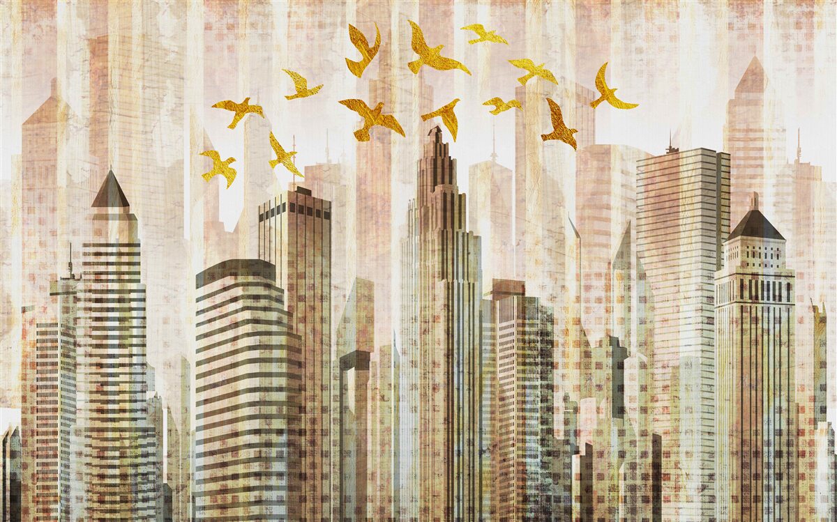 Fotobehang wolkenkrabbers waar vogels overheen vliegen