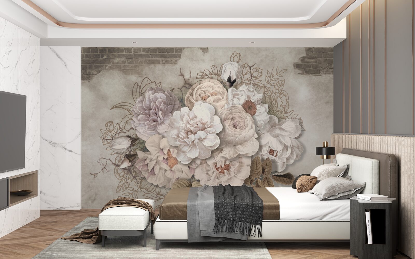 Fotobehang prachtige grote rozen op een bakstenen muur