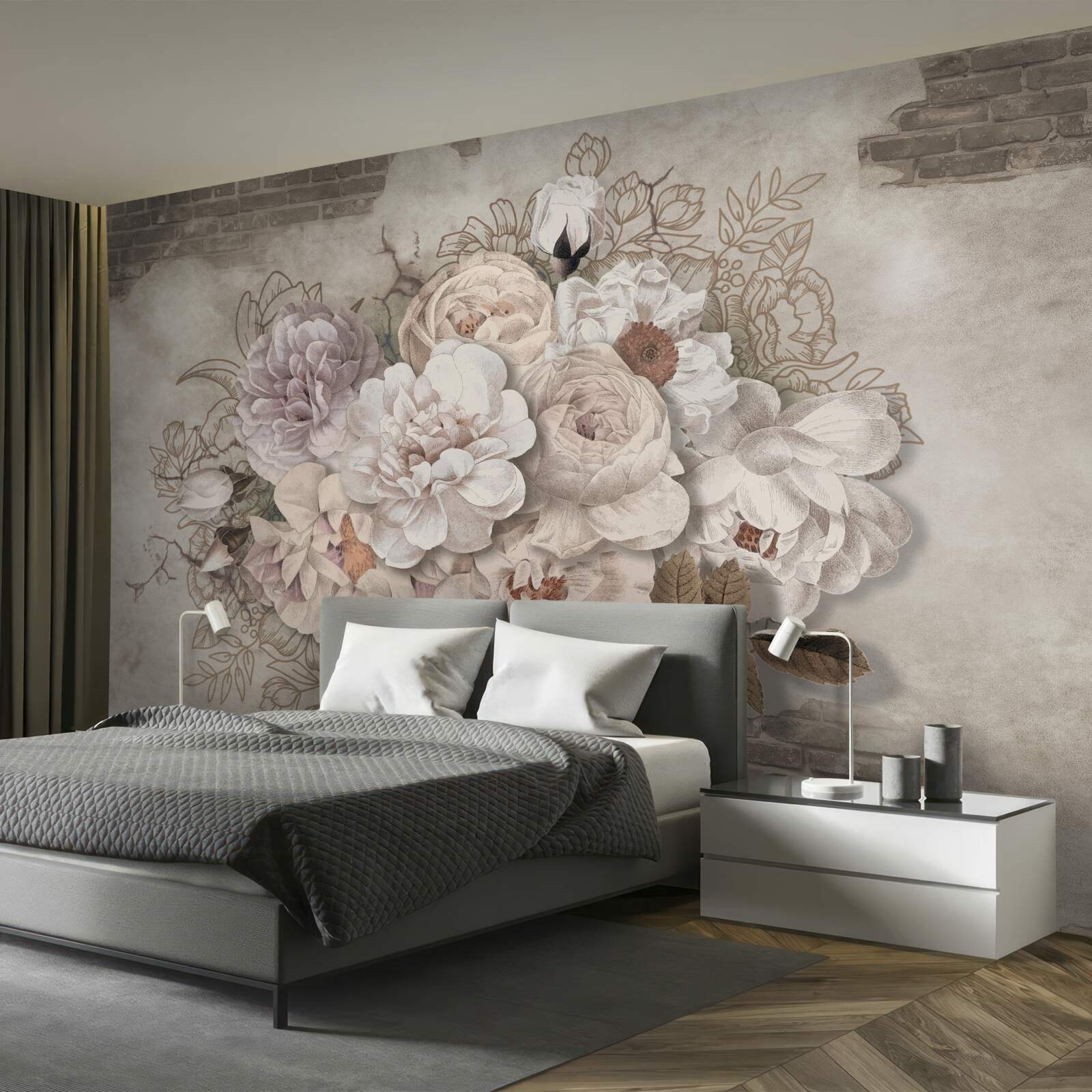 Fotobehang prachtige grote rozen op een bakstenen muur