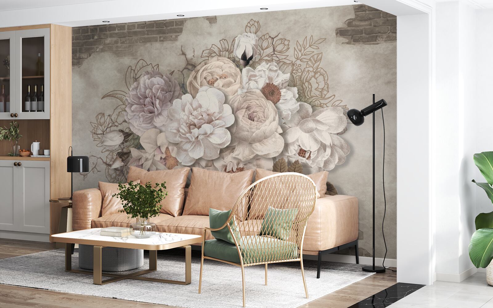 Fotobehang prachtige grote rozen op een bakstenen muur