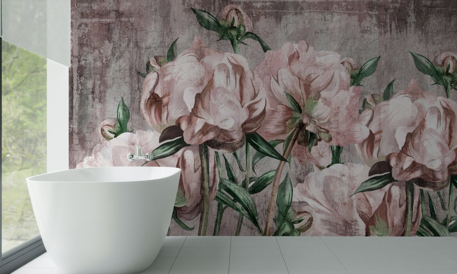 Fotobehang de betonnen muur is versierd met pastelkleurige rozen