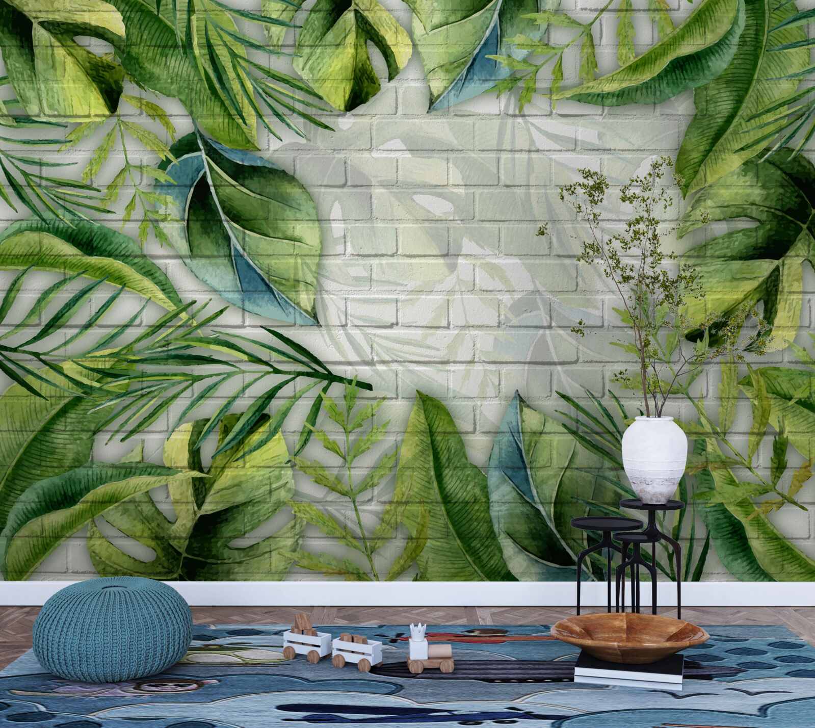 Fotobehang tropisch groen op een bakstenen muur