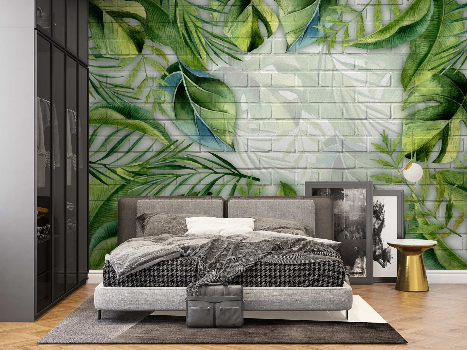 Fotobehang tropisch groen op een bakstenen muur
