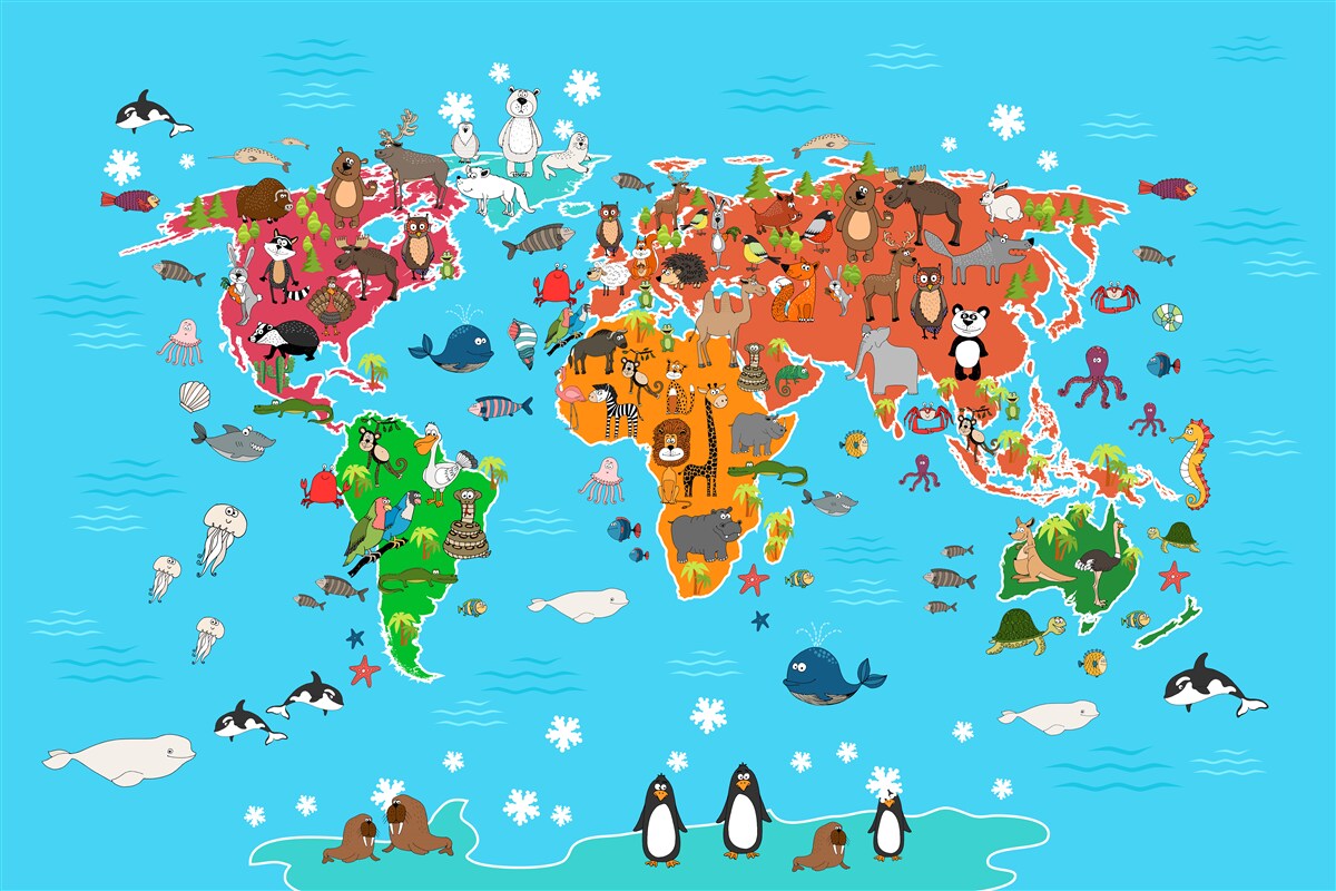Fotobehang grote verscheidenheid aan dieren op een wereldkaart met levendige details