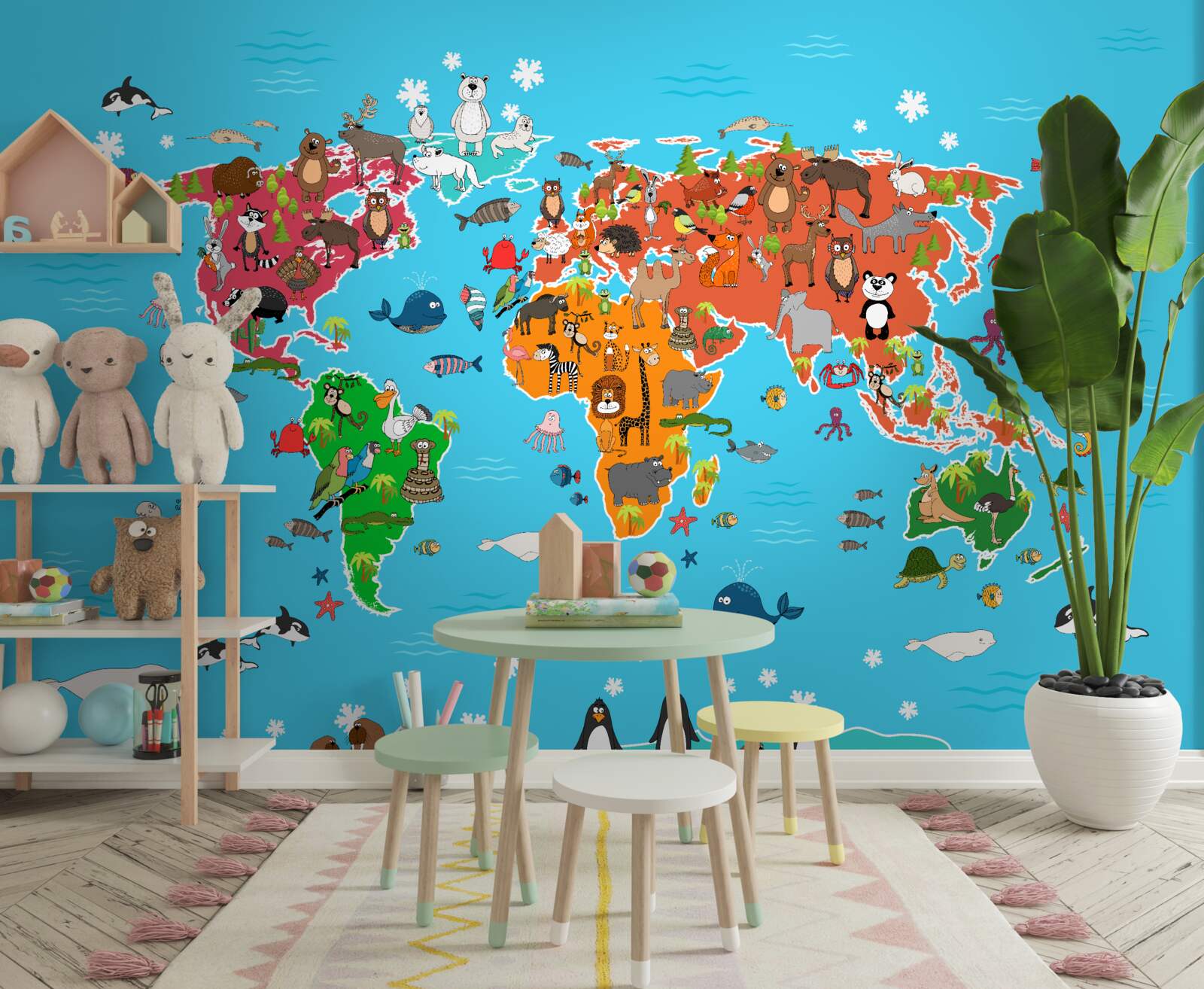 Fotobehang grote verscheidenheid aan dieren op een wereldkaart met levendige details
