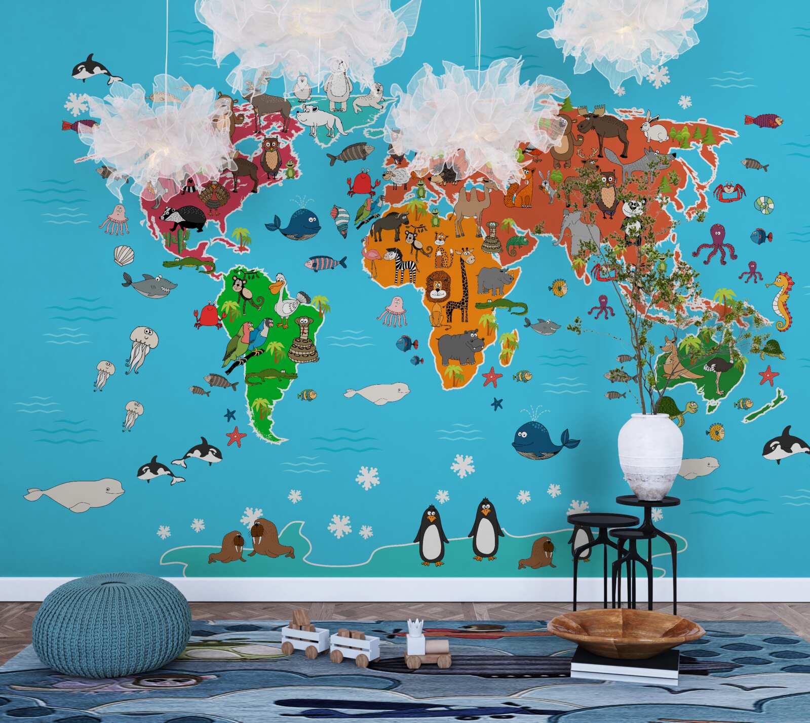 Fotobehang grote verscheidenheid aan dieren op een wereldkaart met levendige details