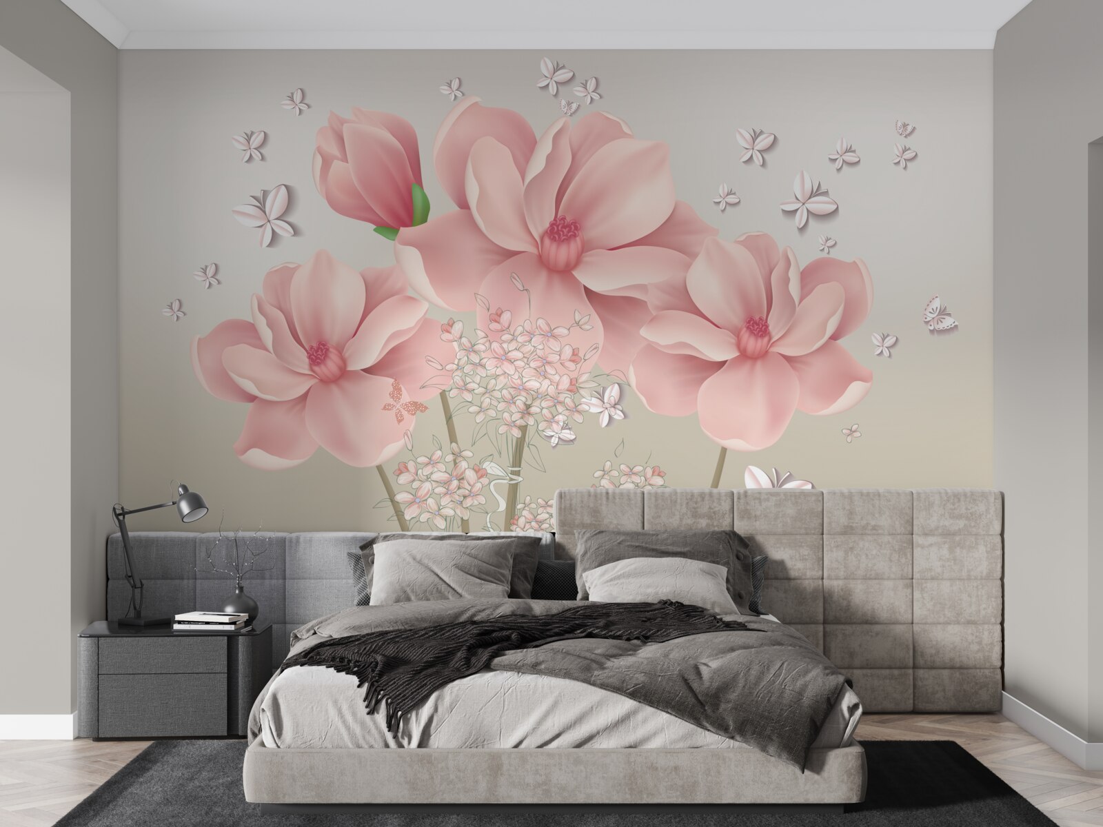 Fotobehang witte vlinders en roze bloemen