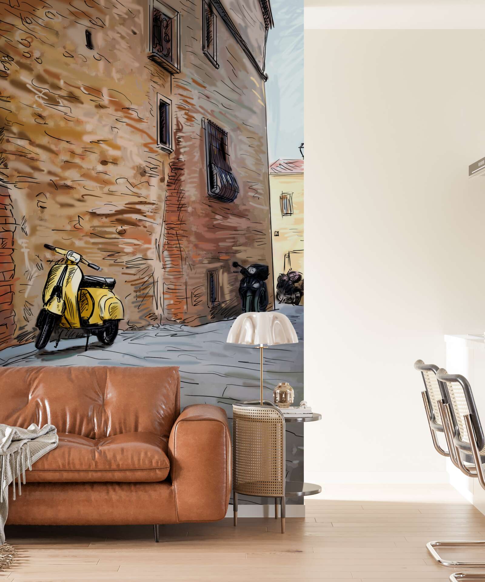 Fotobehang oude geplaveide straat en scooter