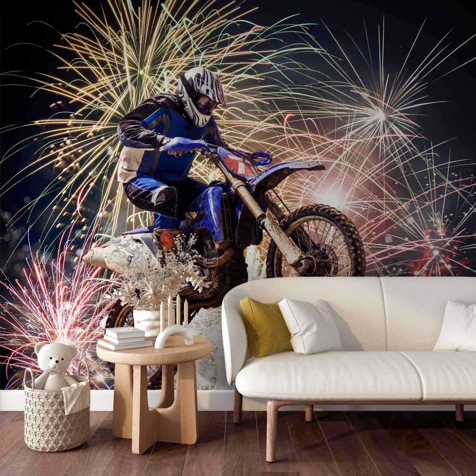 Fotobehang fietser achterop een vuurwerk