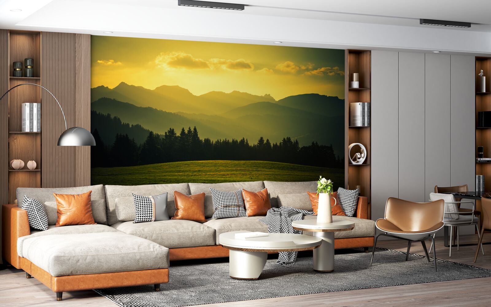 Fotobehang verbazingwekkende gele zonsondergang in een rokerig bergbos
