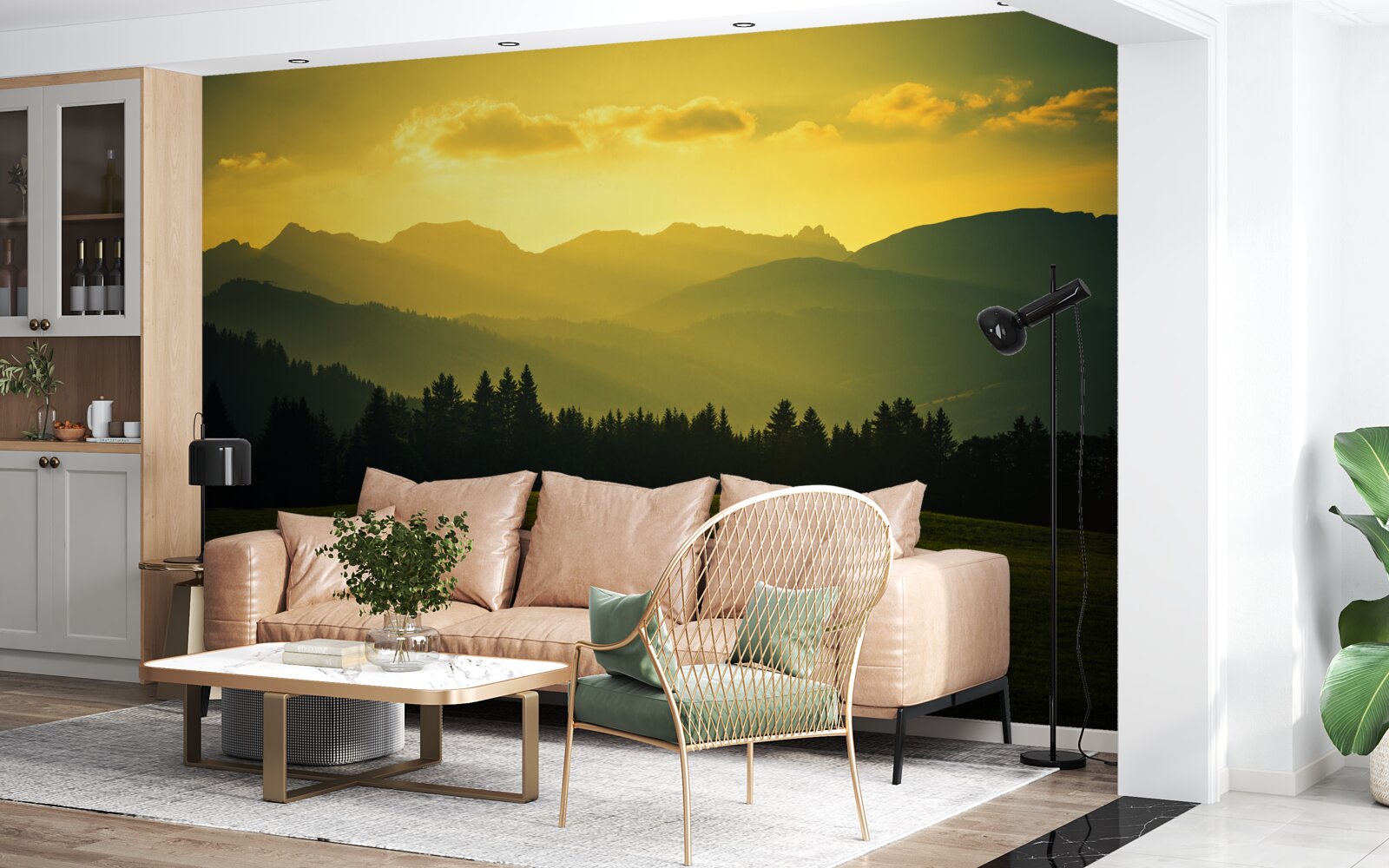 Fotobehang verbazingwekkende gele zonsondergang in een rokerig bergbos