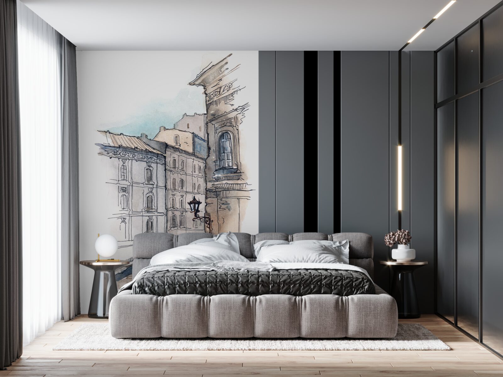 Fotobehang een rustige straat geweven in potlood