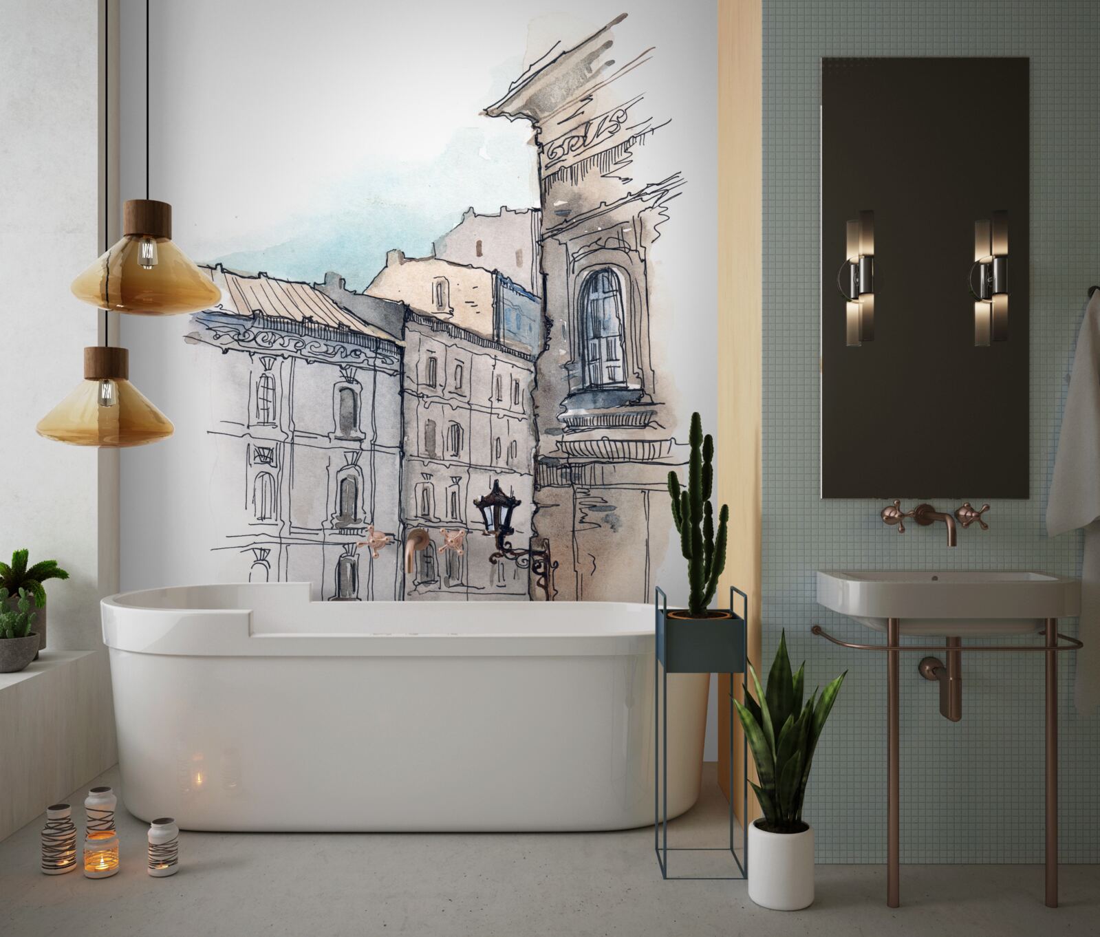 Fotobehang een rustige straat geweven in potlood