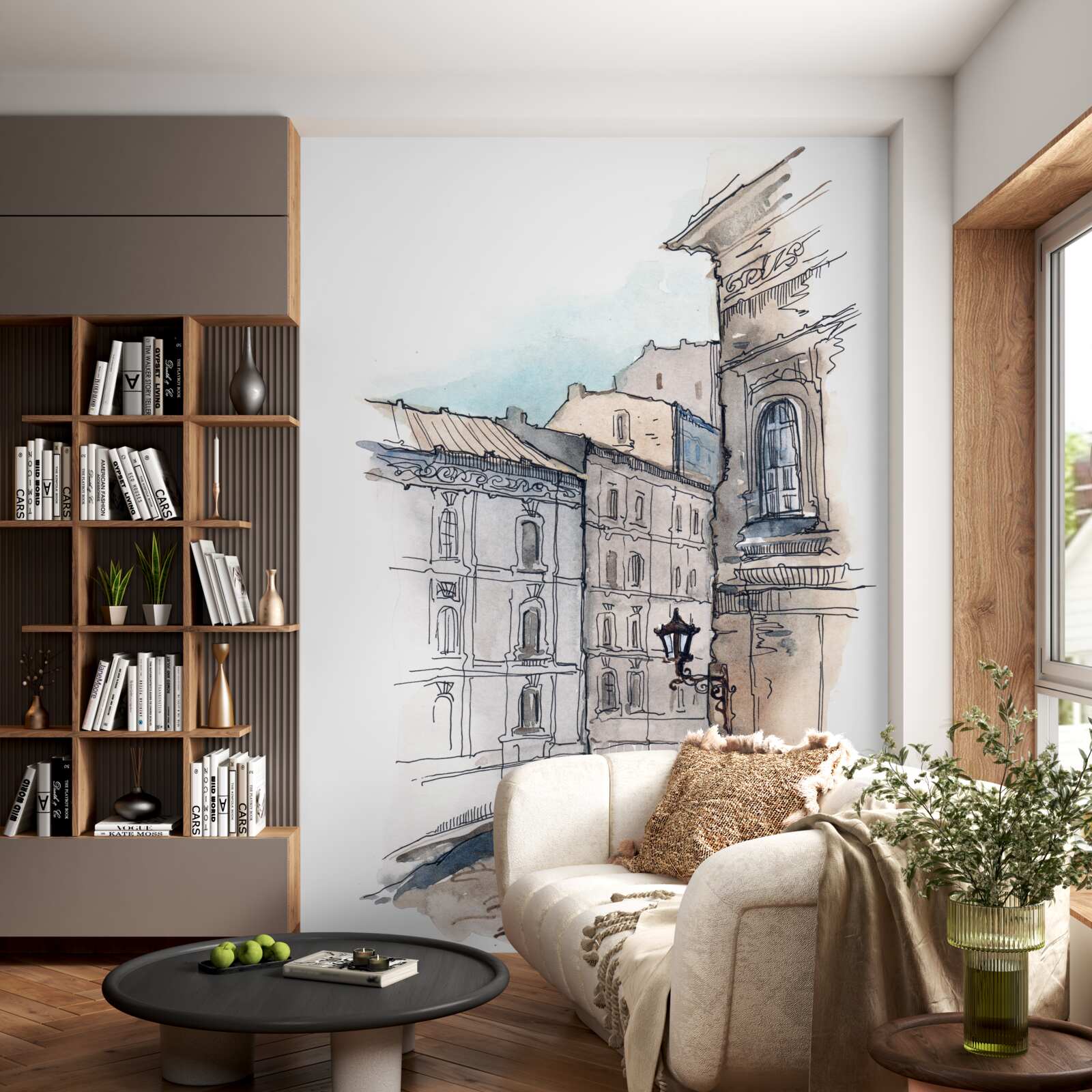 Fotobehang een rustige straat geweven in potlood