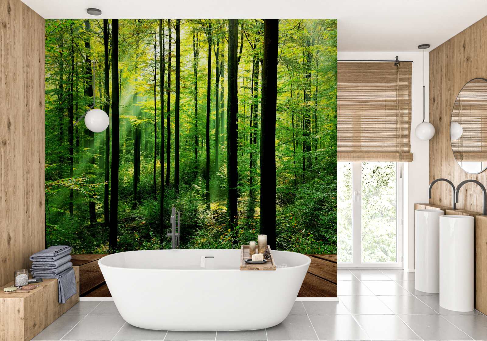 Fotobehang terras met toegang tot een pijnboombos