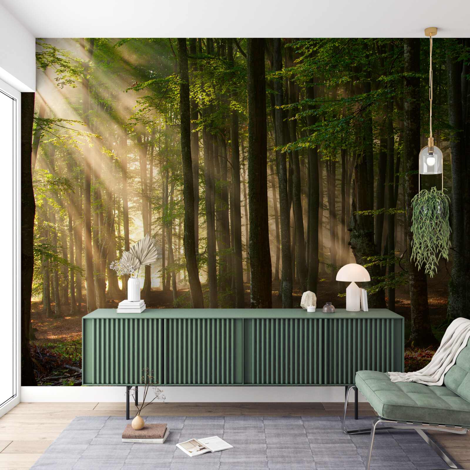 Fotobehang Zonneschijn verjaagt de kilte uit het bos na een avondje stappen