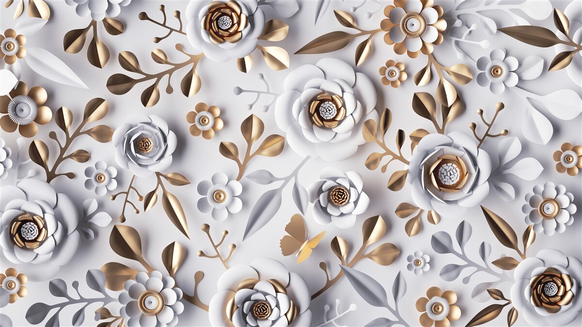 Fotobehang gouden bladeren en witte bloemen