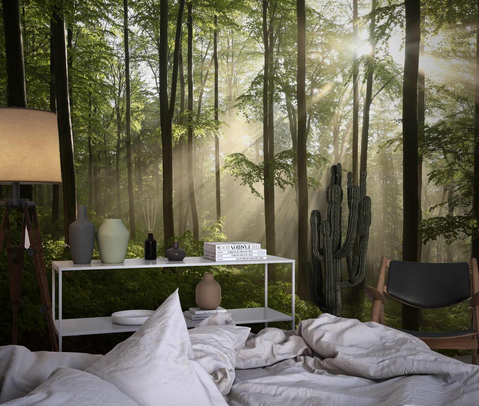 Fotobehang zonnestralen dringen door de mist in het bos