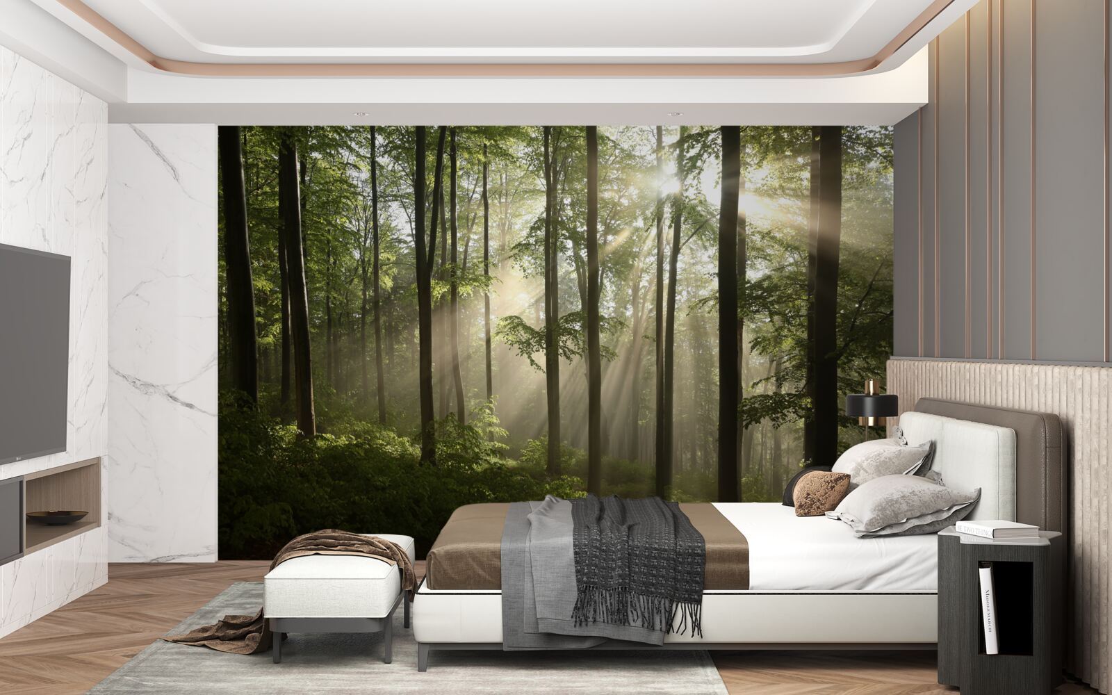 Fotobehang zonnestralen dringen door de mist in het bos