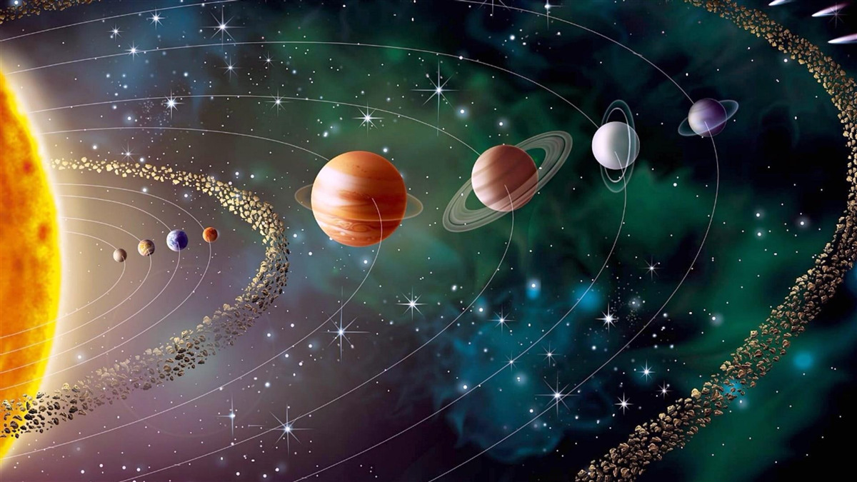 Fotobehang kosmische processie van planeten voor een ster