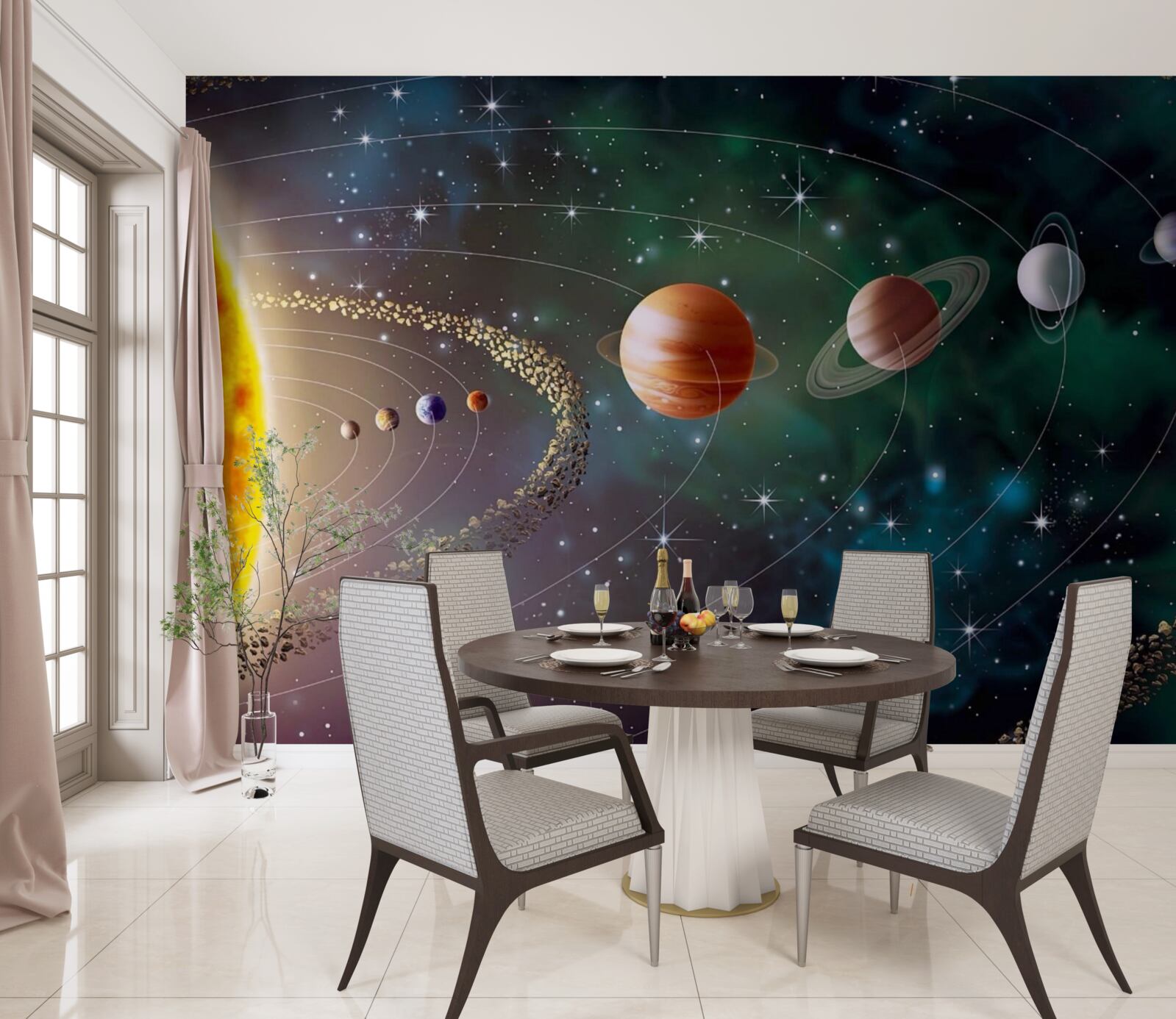 Fotobehang kosmische processie van planeten voor een ster