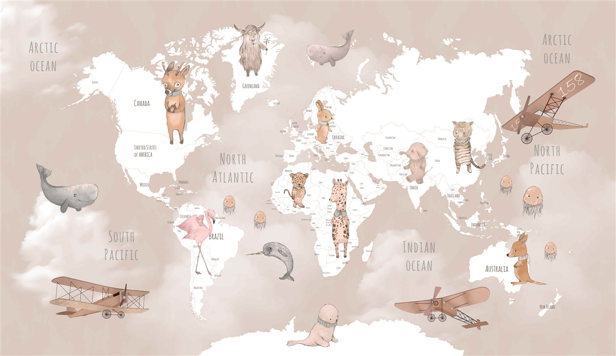 Fotobehang wereldkaart met afbeeldingen van dieren en vliegtuigen