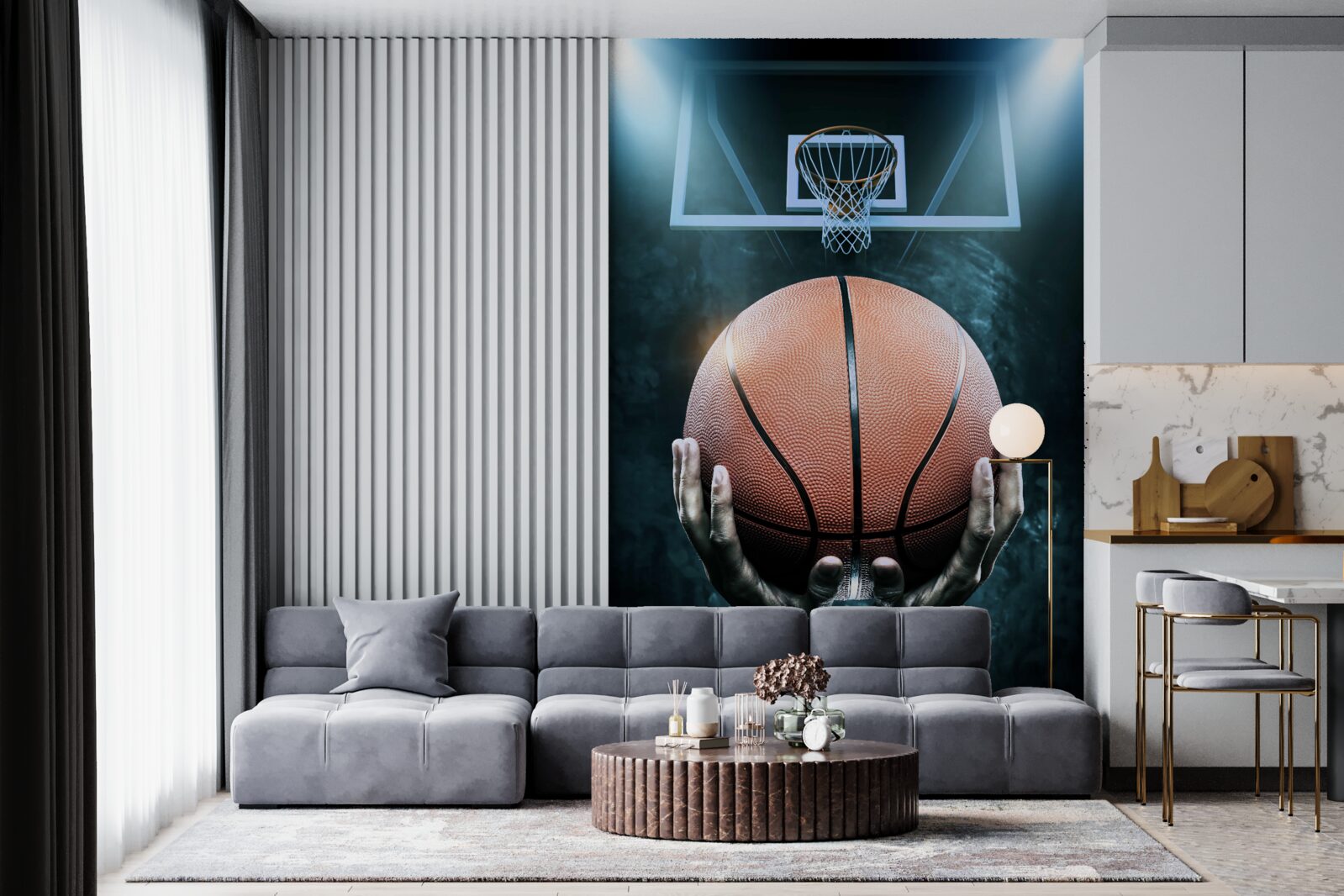 Fotobehang een basketbal wordt vastgehouden op de achtergrond van de hoepel