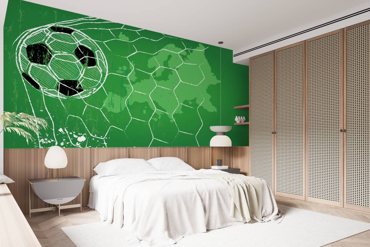 Fotobehang contour van een voetbal en een net tegen een groene achtergrond