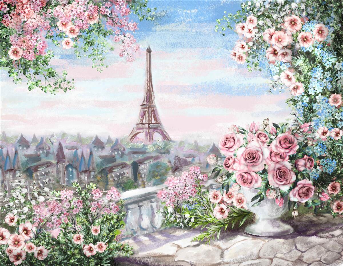 Fotobehang roze bloemen in een tuin tegenover de eiffeltoren