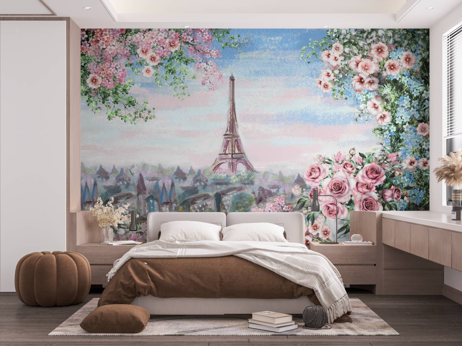 Fotobehang roze bloemen in een tuin tegenover de eiffeltoren