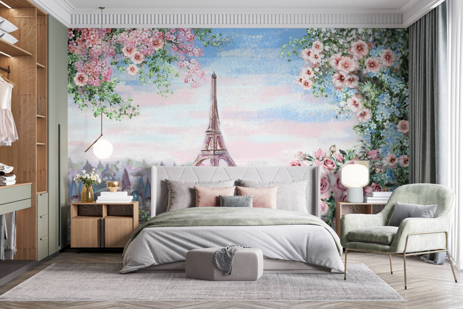 Fotobehang roze bloemen in een tuin tegenover de eiffeltoren