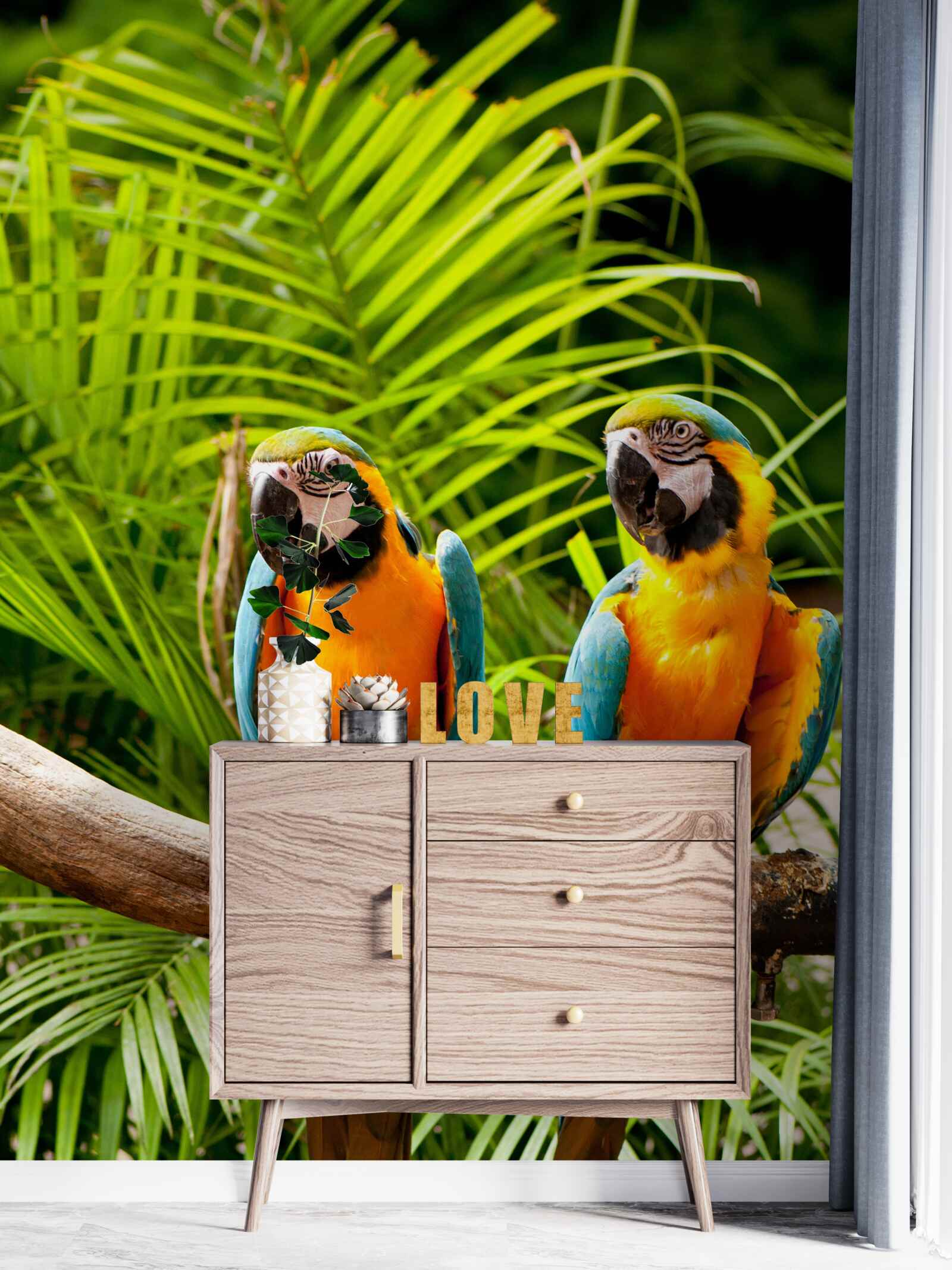 Fotobehang twee ares zittend op palmtakken