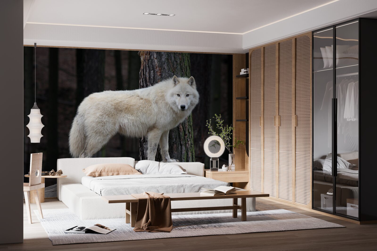 Fotobehang grijze wolf op een houten boomstam