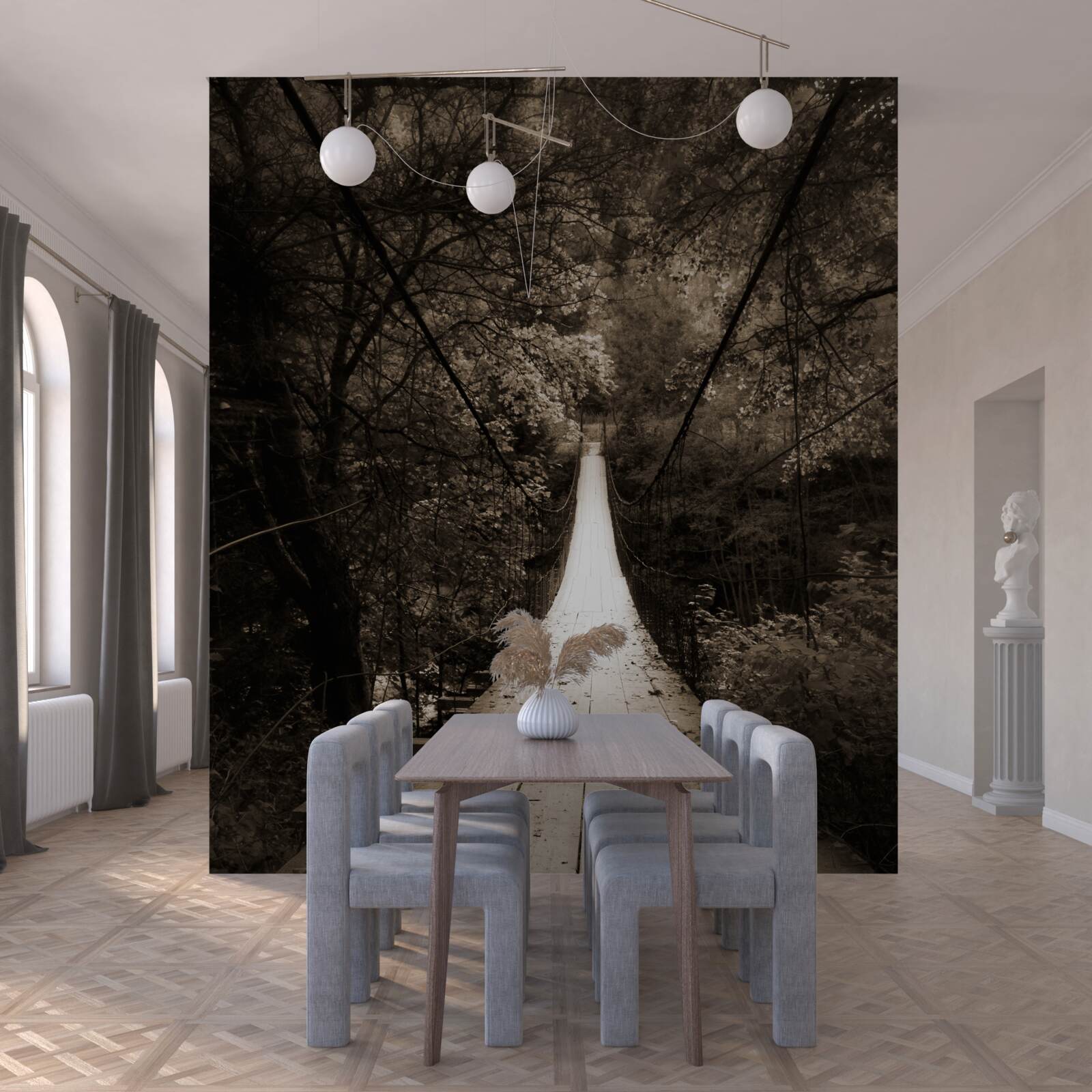 Fotobehang houten brug die de vijver in het bosgebied verbindt