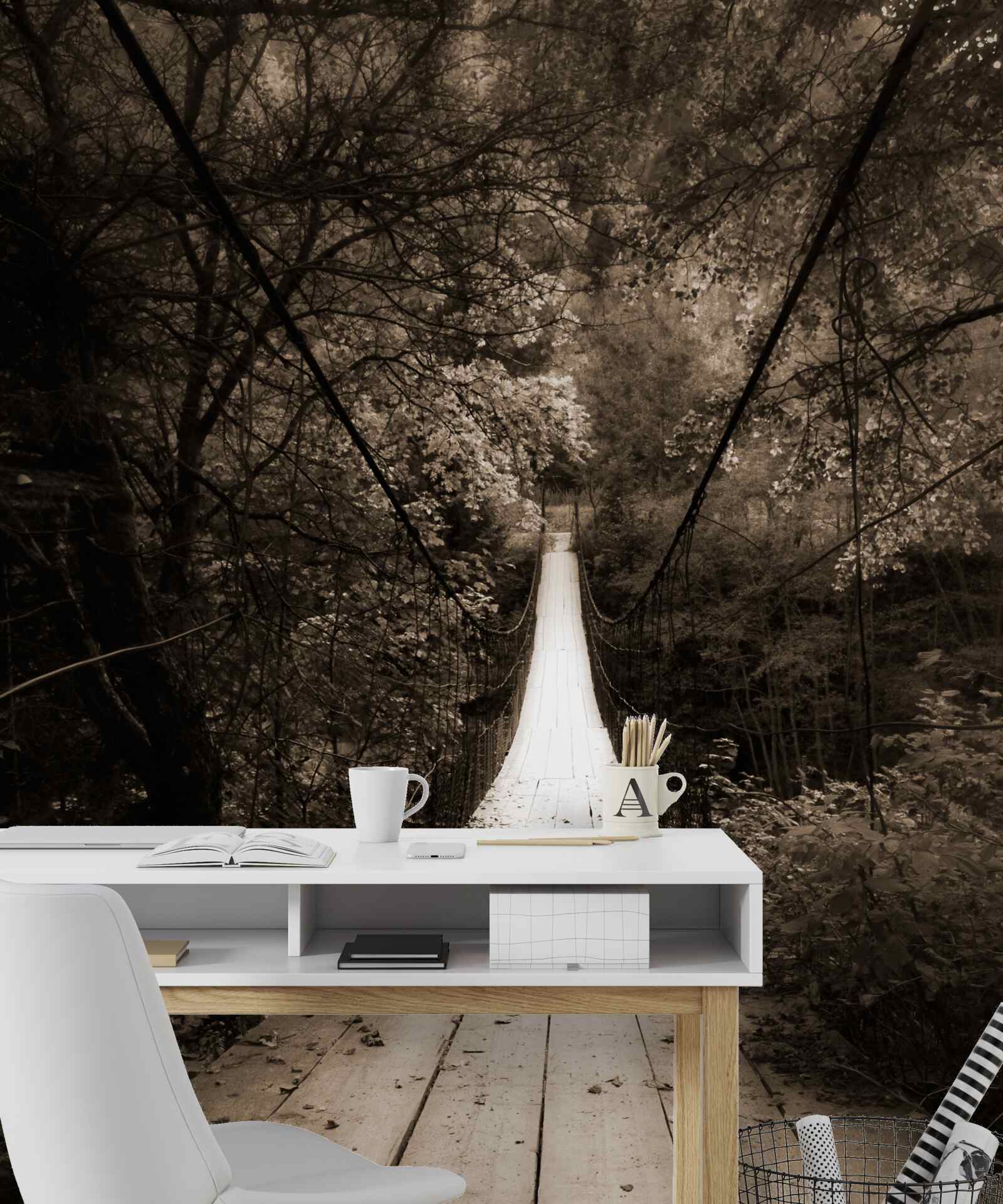 Fotobehang houten brug die de vijver in het bosgebied verbindt