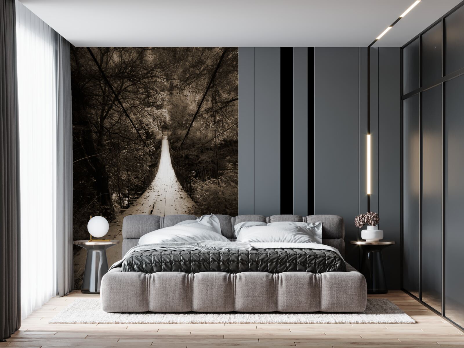 Fotobehang houten brug die de vijver in het bosgebied verbindt