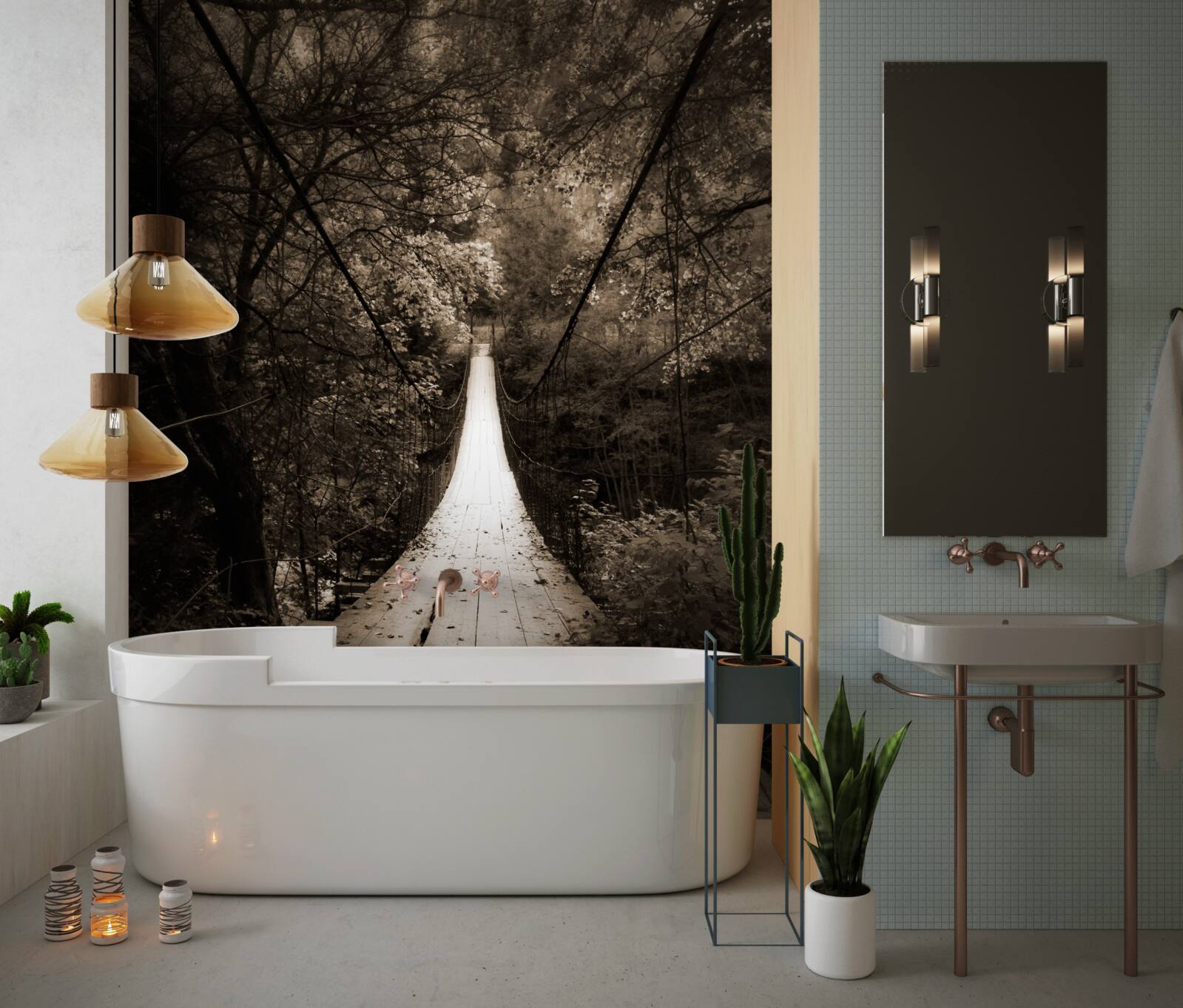 Fotobehang houten brug die de vijver in het bosgebied verbindt