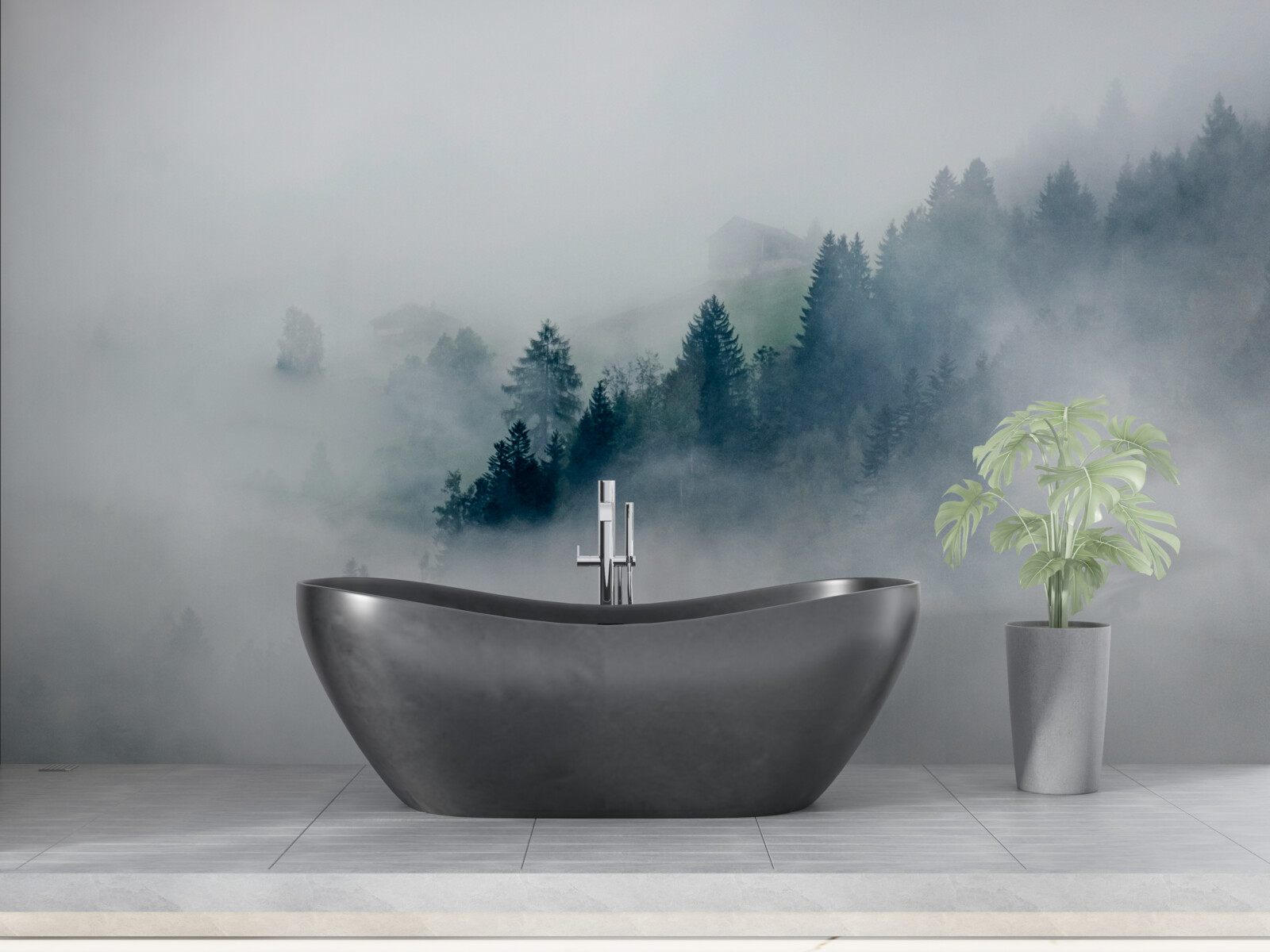 Fotobehang de rand van het bos is in mist gehuld