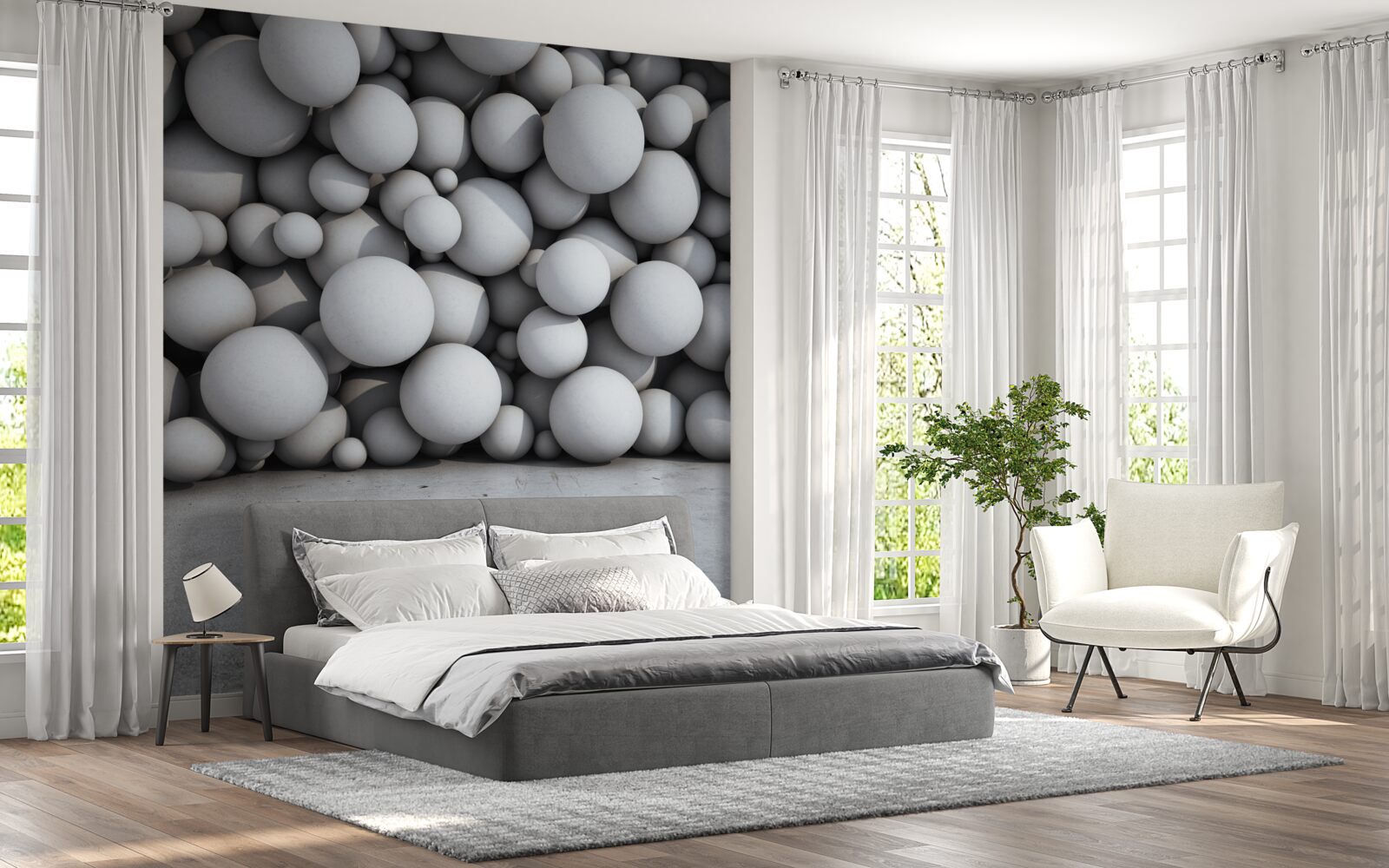 Fotobehang een barrière van zilveren ballen die in de lucht zweven