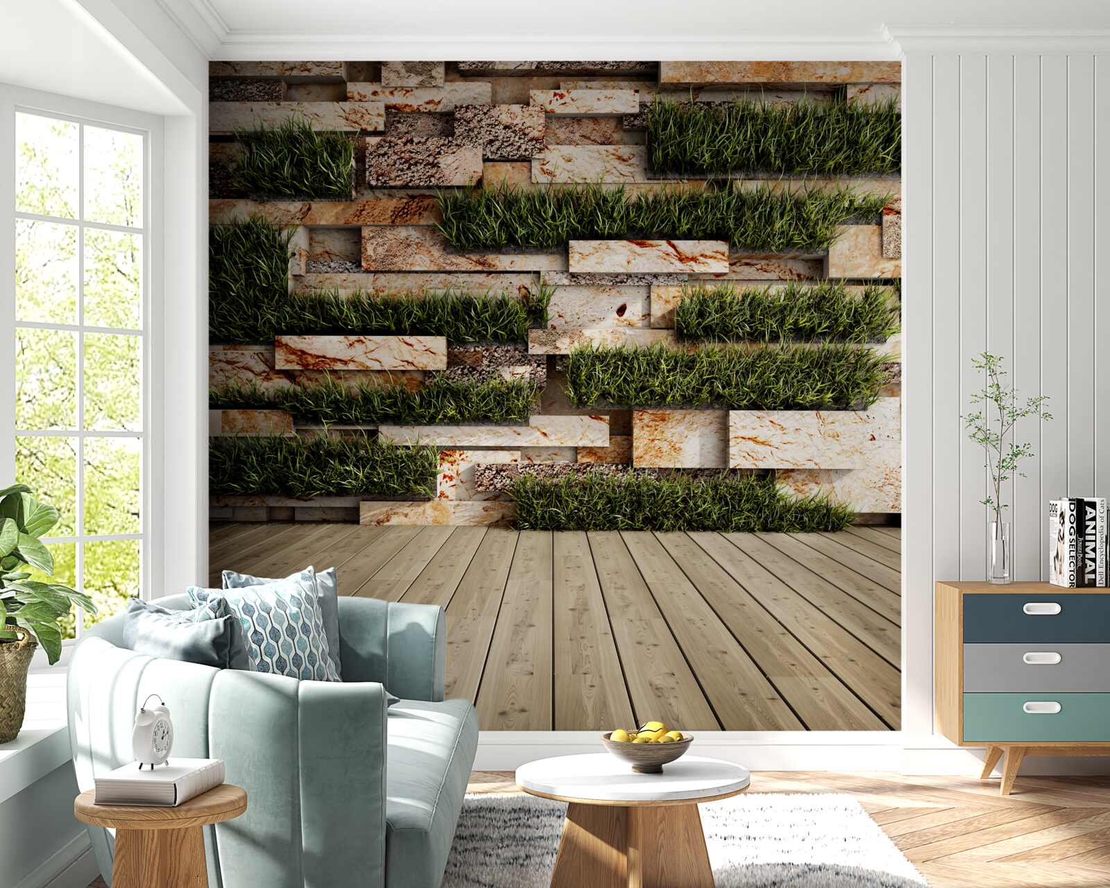 Fotobehang stenen muur versierd met groene planten