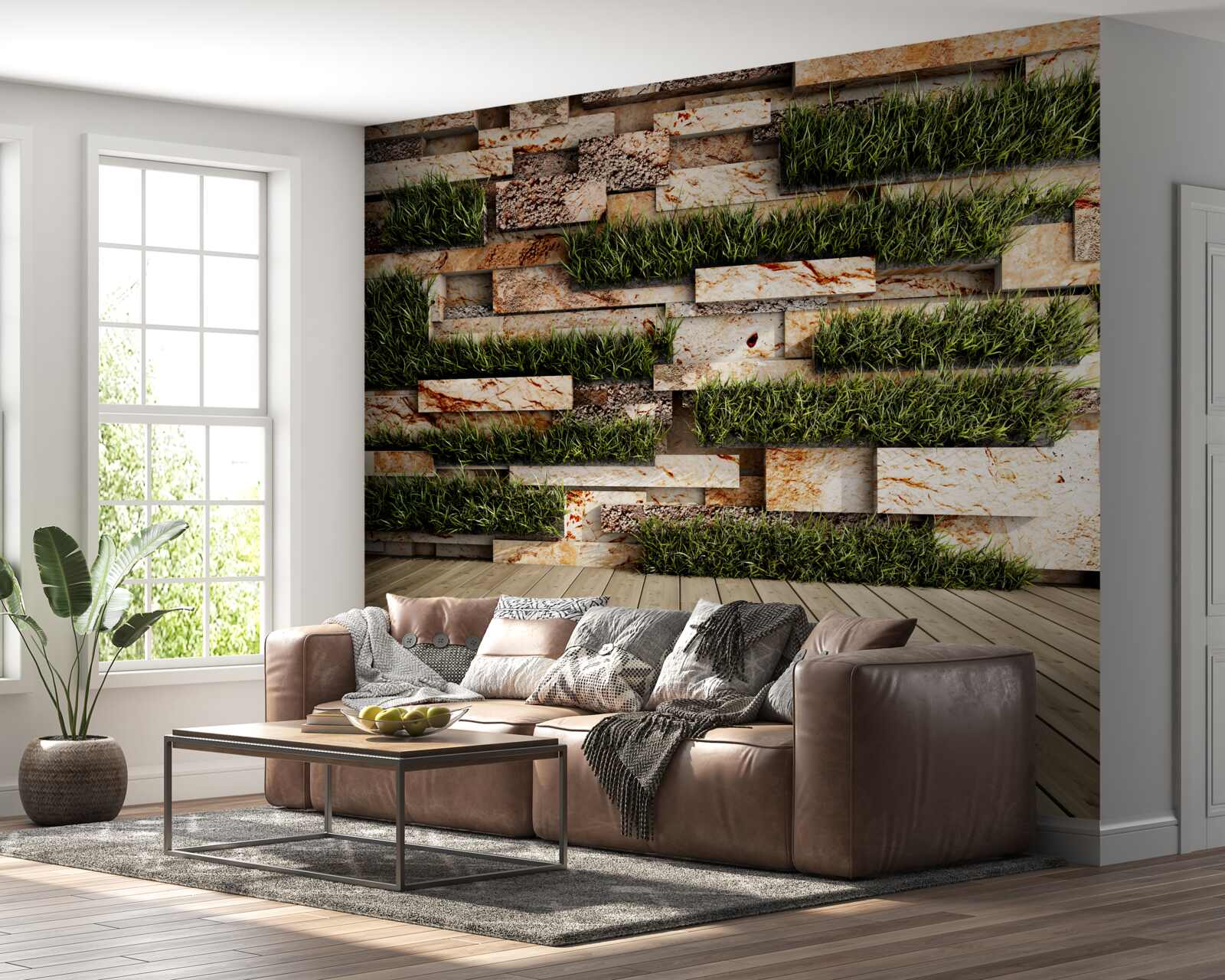 Fotobehang stenen muur versierd met groene planten