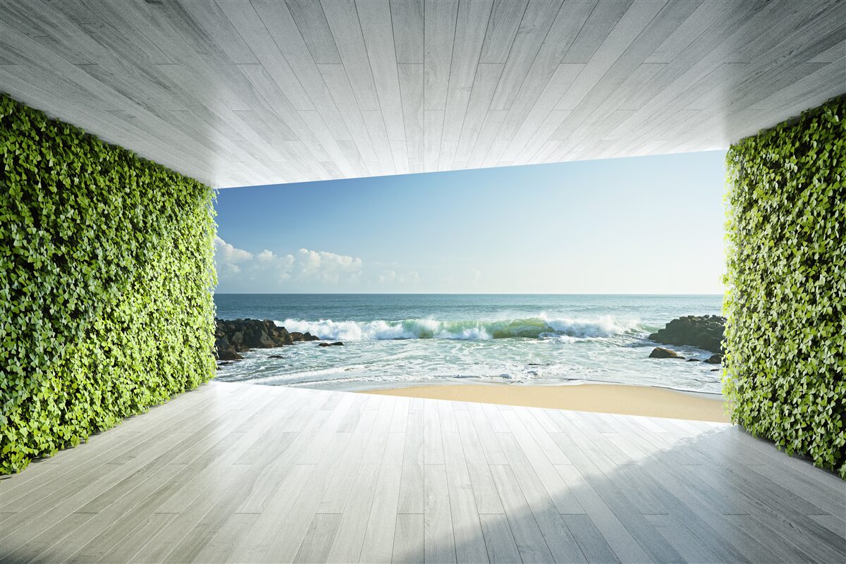 Fotobehang elegant balkon in groentinten met uitzicht op de kust