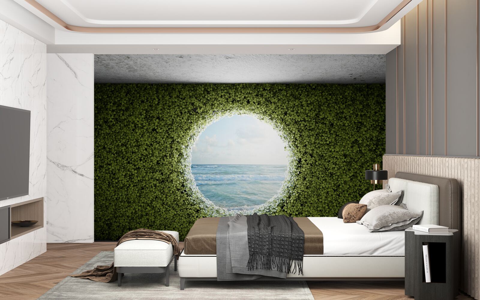 Fotobehang Muur van groene planten met een ronde opening