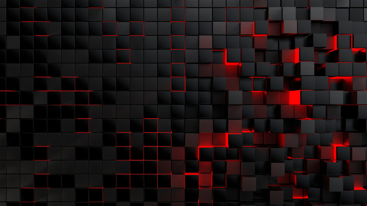 Fotobehang muur met zwarte structuur, verlicht met rood licht en versierd met vierkantjes