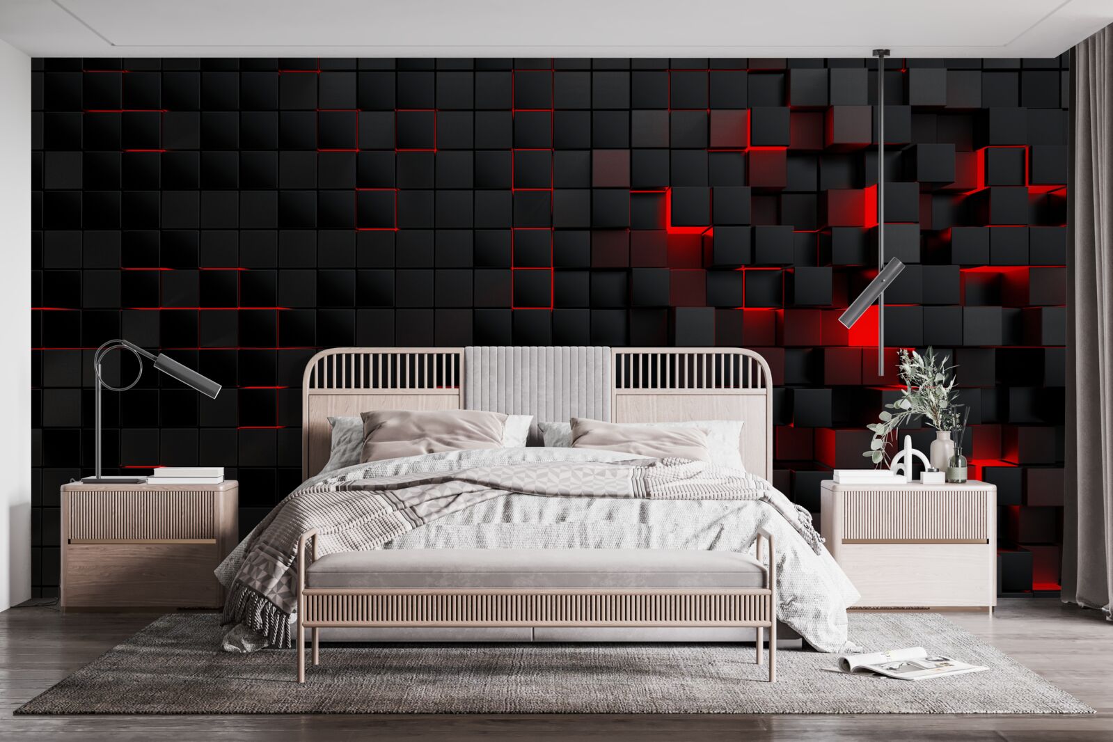 Fotobehang muur met zwarte structuur, verlicht met rood licht en versierd met vierkantjes