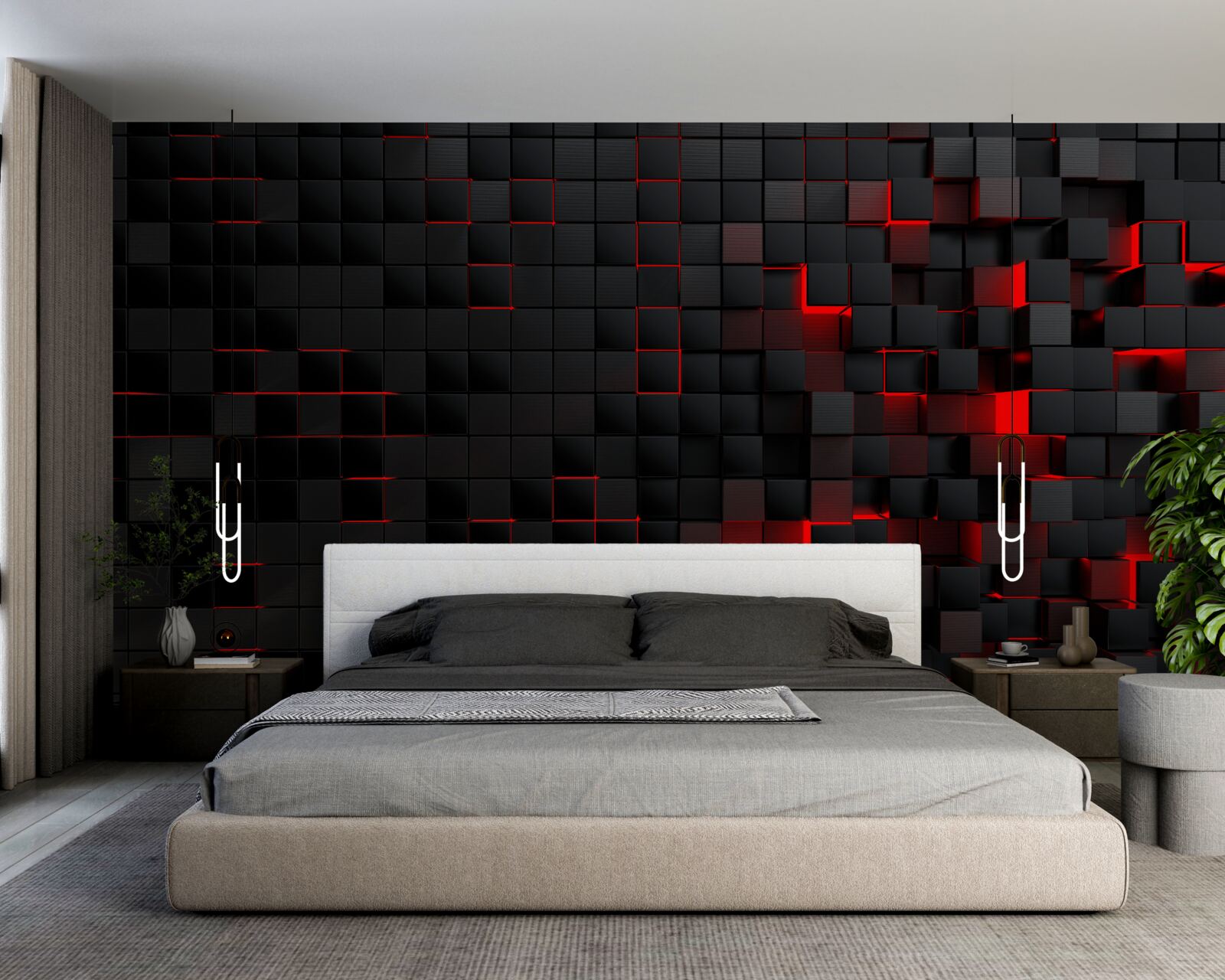Fotobehang muur met zwarte structuur, verlicht met rood licht en versierd met vierkantjes